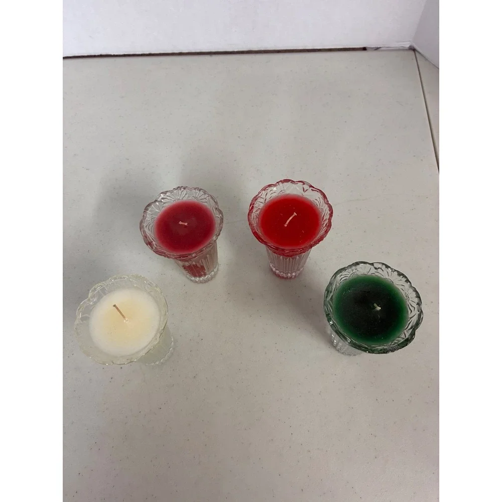 Set of 4 Vintage Style Fluted Glass Votive Candles Red Green Cream Scalloped Rim